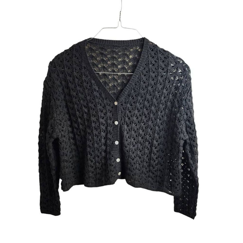 Open Knit Cropped Charcoal Boho Button Front Cardigan